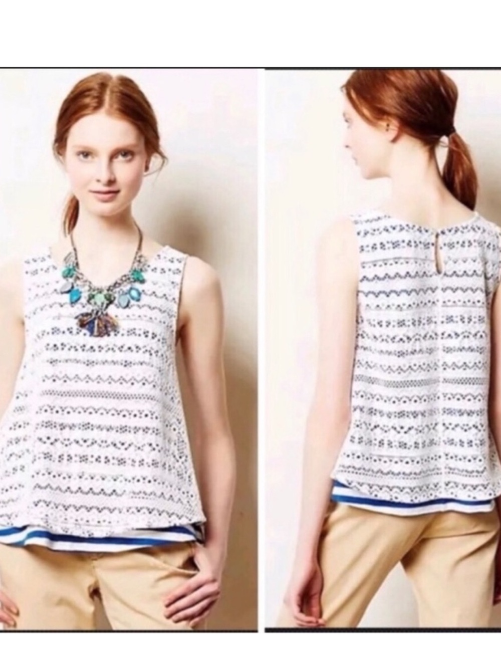 Anthropologie Lace Overlay Blue White Boho Striped Tank Top Sz Small